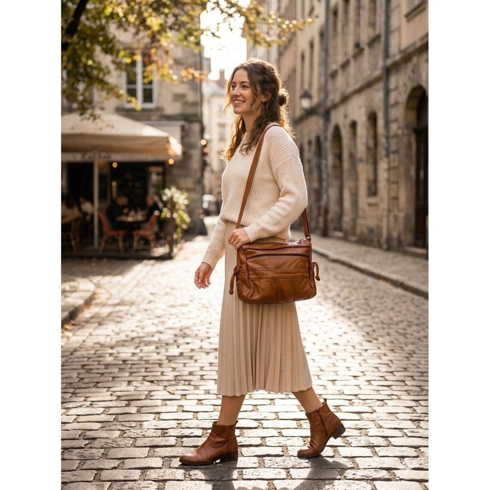 Mexico Brown Pebbled Leather Multi Pocket Crossbody Bag Organizer Travel Purse